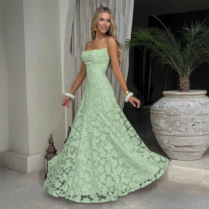 Elegant Lace Evening Gown – Spaghetti Strap Maxi Dress