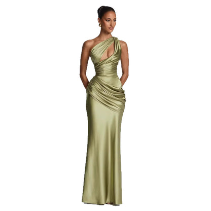 Women's One Shoulder Satin Mermaid Evening Gown with Cutout Detail