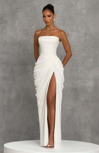 Strapless Ruched High Slit Evening Gown