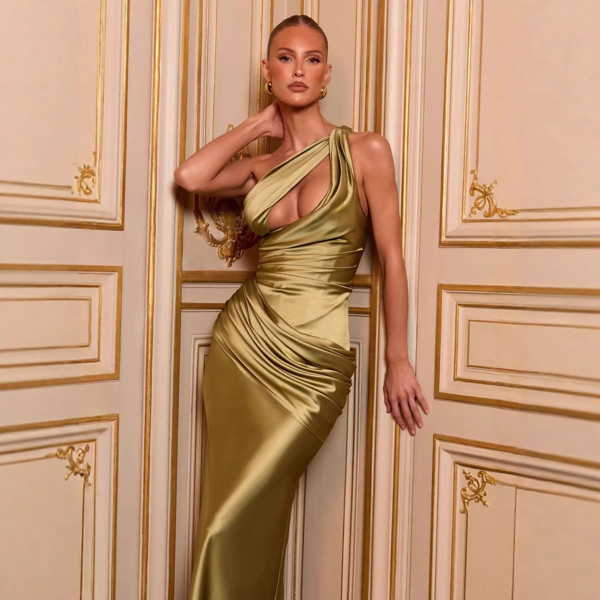 Women's One Shoulder Satin Mermaid Evening Gown with Cutout Detail