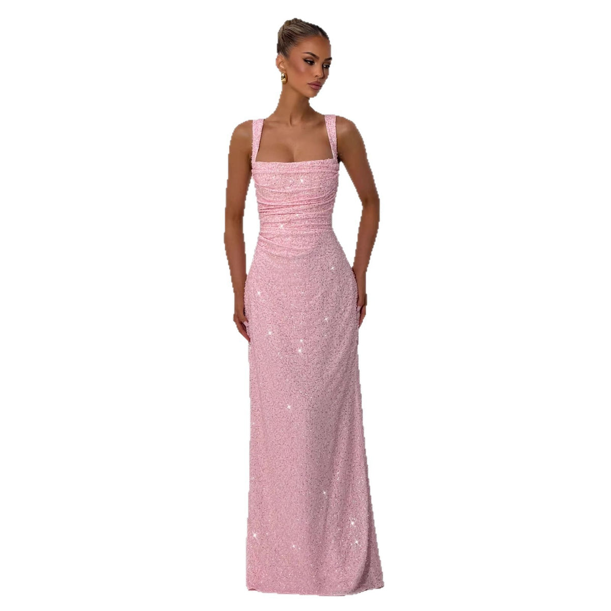 Women's Pink Sequin Evening Gown – Elegant Sleeveless Maxi Dress
