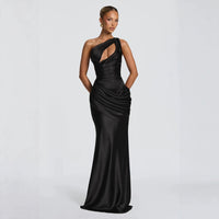 Women's One Shoulder Satin Mermaid Evening Gown with Cutout Detail