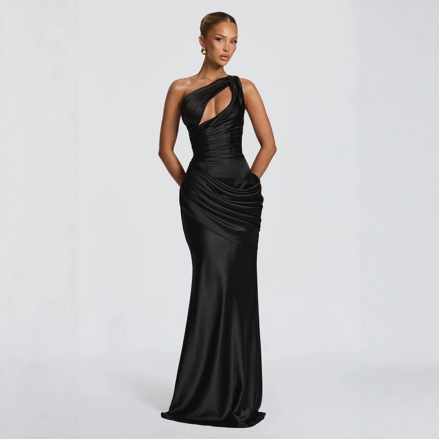 Women's One Shoulder Satin Mermaid Evening Gown with Cutout Detail