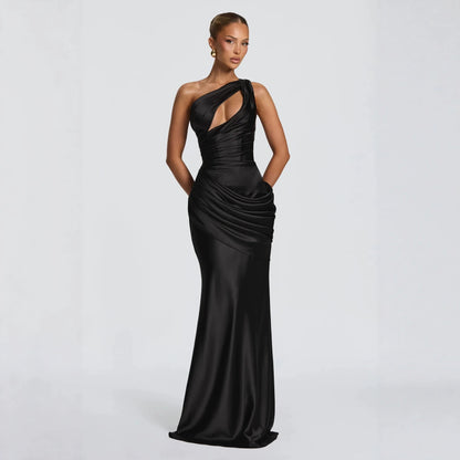 Women's One Shoulder Satin Mermaid Evening Gown with Cutout Detail