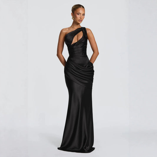 Women's One Shoulder Satin Mermaid Evening Gown with Cutout Detail
