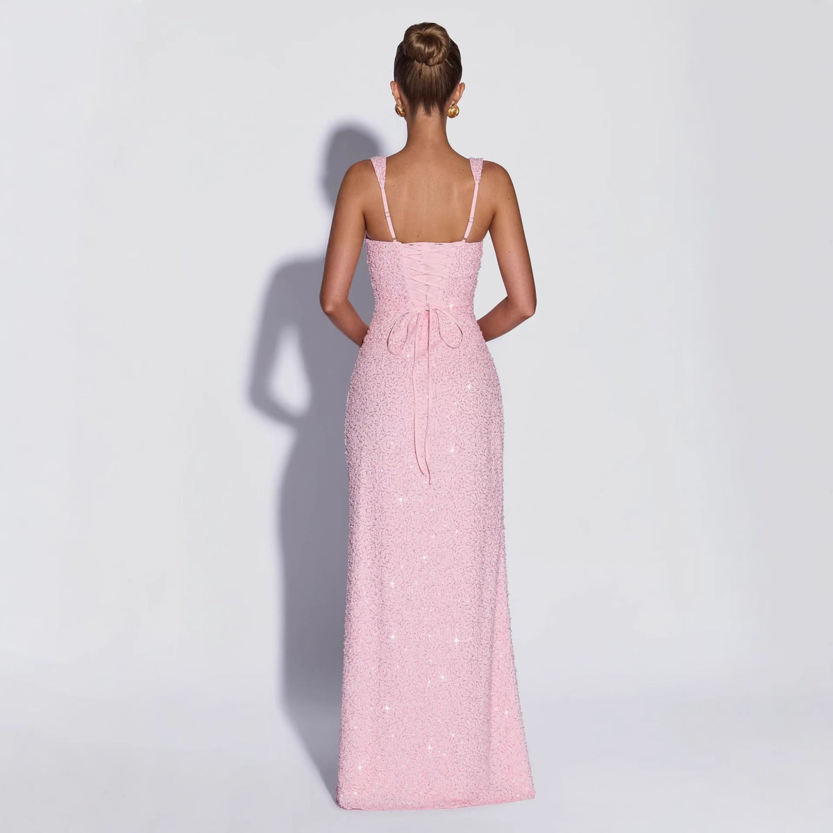 Women's Pink Sequin Evening Gown – Elegant Sleeveless Maxi Dress