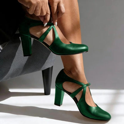 Elegant Round Toe Buckle Heeled Shoes