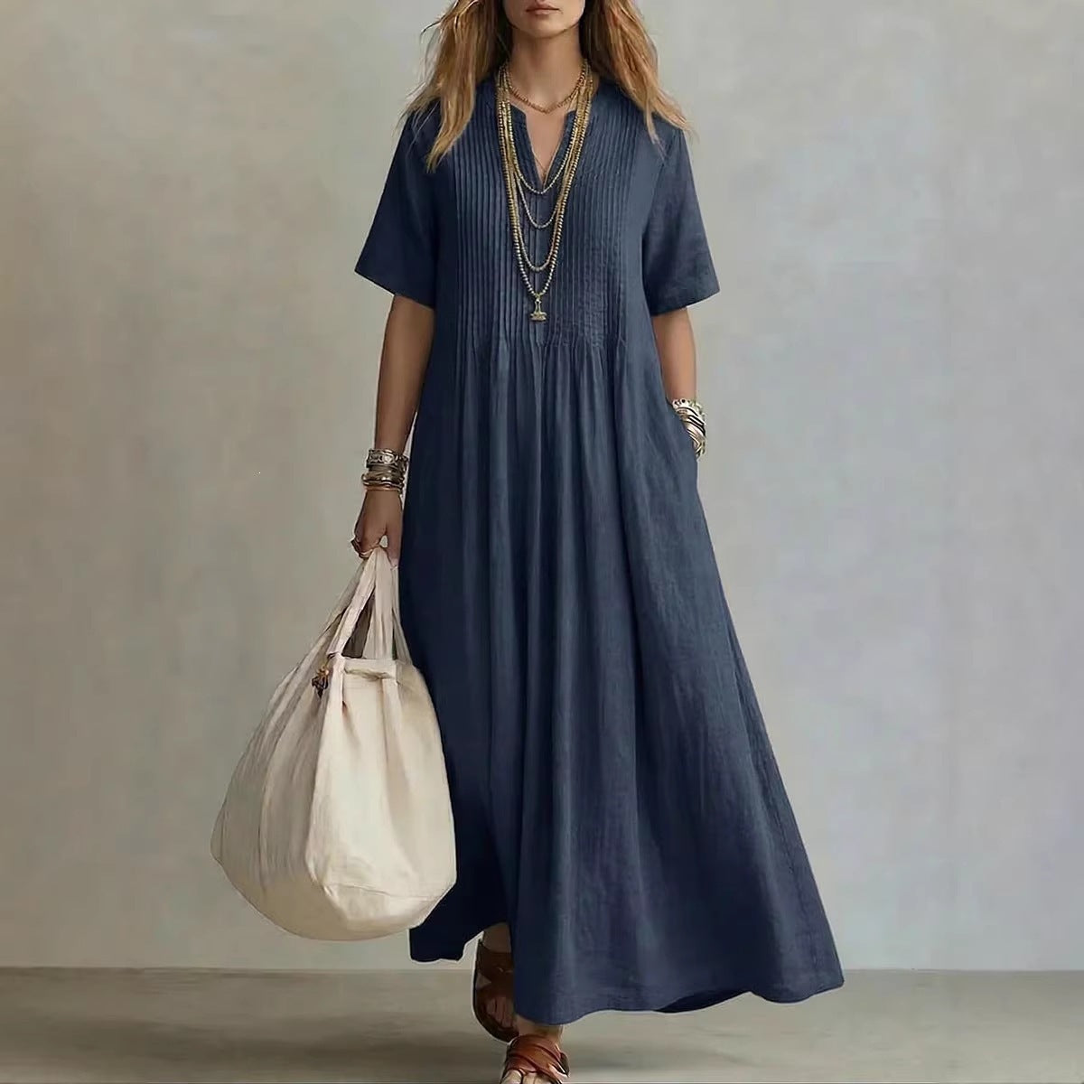 Women's Cotton Linen Maxi Dress – Casual V-Neck Boho Summer Dress