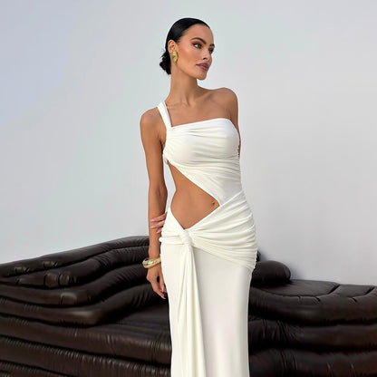 One Shoulder Backless Ruched Long Dress
