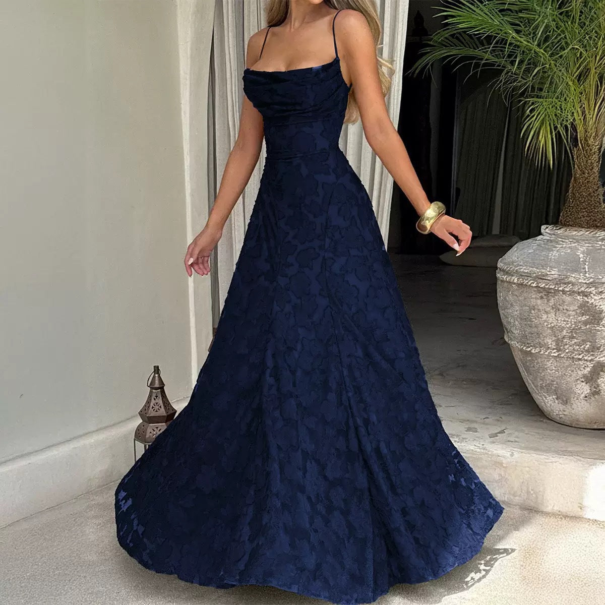 Elegant Lace Evening Gown – Spaghetti Strap Maxi Dress