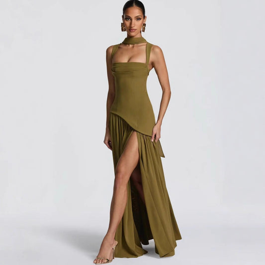 Women's Elegant High Slit Maxi Dress – Fitted Waist Formal Evening Gown