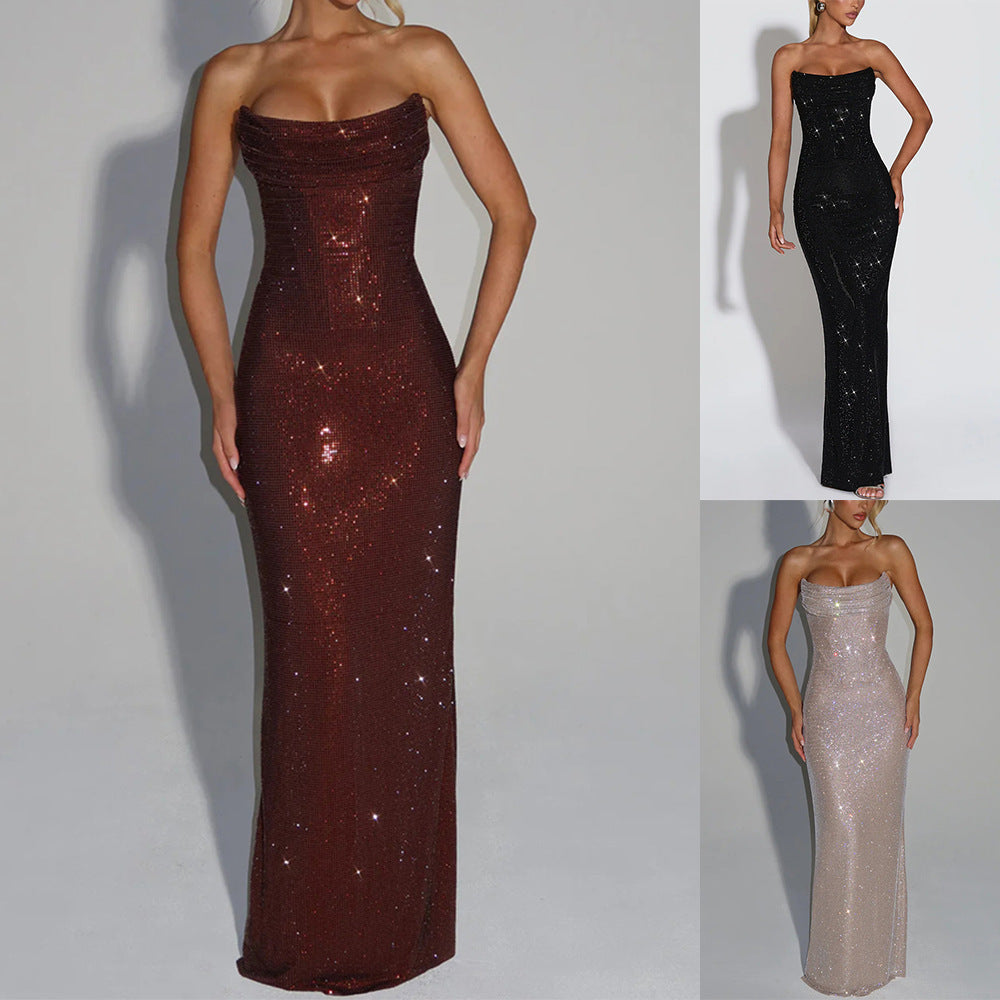 Women's Strapless Sequin Evening Gown – Sparkly Bodycon Maxi Dress