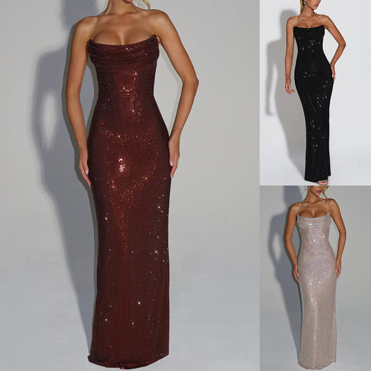 Women's Strapless Sequin Evening Gown – Sparkly Bodycon Maxi Dress